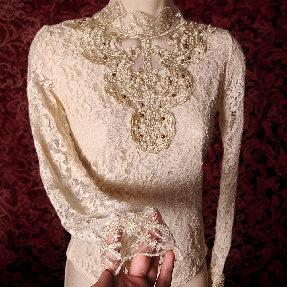 Vintage Ivory Lace High Neck Top | Pearl & Gold Beaded Embellished Blouse